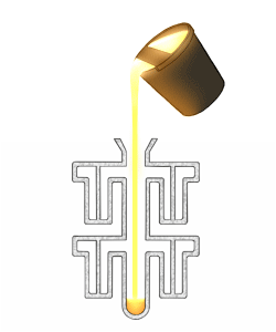 鋳型に溶解された金属を流し込みます。